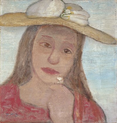 Head of a Young Girl with Straw Hat and Flower in Raised Hand by Paula Modersohn Becker